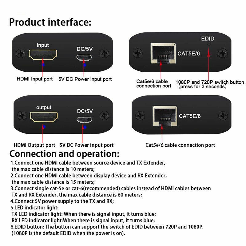 Extensor HDMI Digital de 196 pies (60M), 1080P, extensor de red HDMI sobre Ethernet, Cables Ethernet Cat 6 Cat 7 para PC y DVD