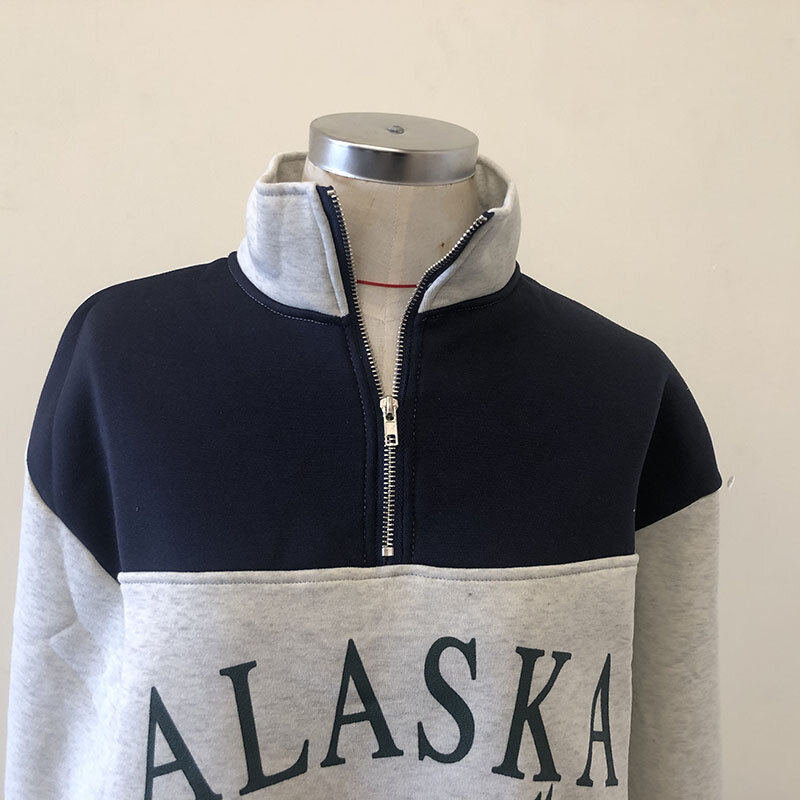2020 moda feminina gola de algodão meia carta zíper alaska manga longa sweatshirts vintage cinza casual solto moletom