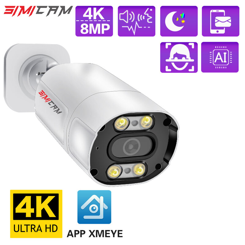 Câmera CCTV impermeável ao ar livre, 4K, H.265, 8MP, POE, AI, Detecção humana, Áudio bidirecional, Cor clara dupla, Vídeo noturno, Segurança doméstica