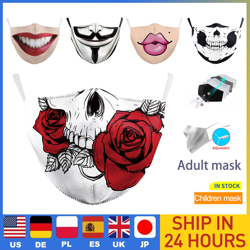 Zmywalne maski na twarz usta maski dla dorosłych filtry Pm2.5 Caotton kwieciste wydruki Cartoon Funny maska Unisex pyłoszczelna maska