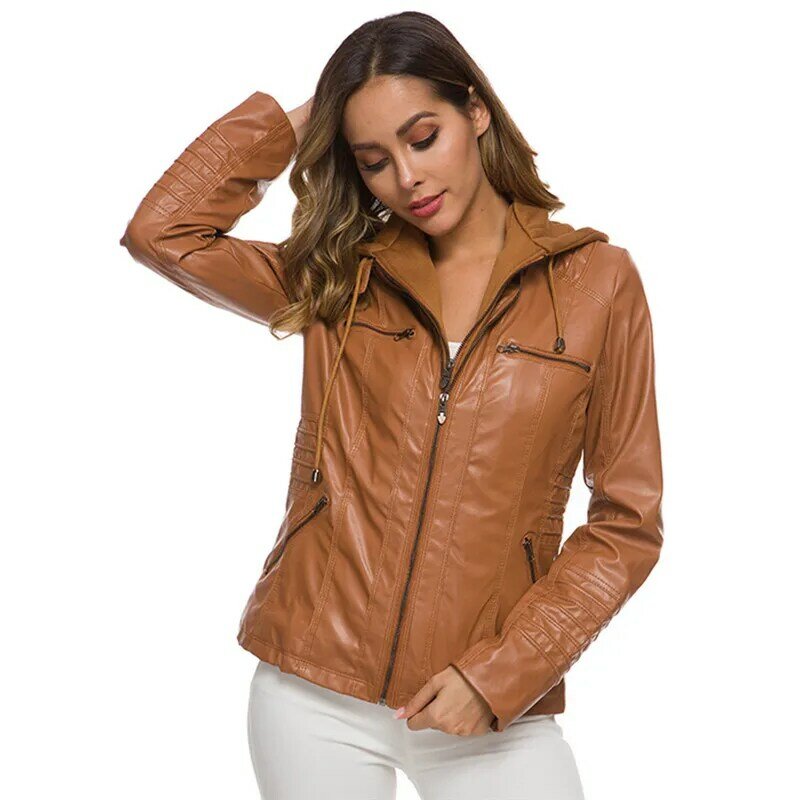 Jaket Moto Mantel Ritsleting Wanita Pakaian Luar Wanita Kerah Turn Down Kulit Imitasi Mantel Jaket Wanita PU