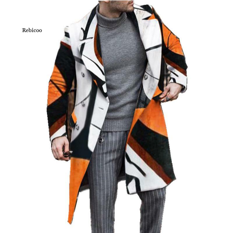 Nieuwe Herfst Winter Windjack Heren Jas Mode Trendy Revers Print Jacket Double Breasted Mid-Lengte Mannelijke Jas