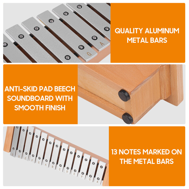 13-note glockenspiel portátil de alumínio piano xilofone instrumento de percussão instrumento musical com varas de madeira