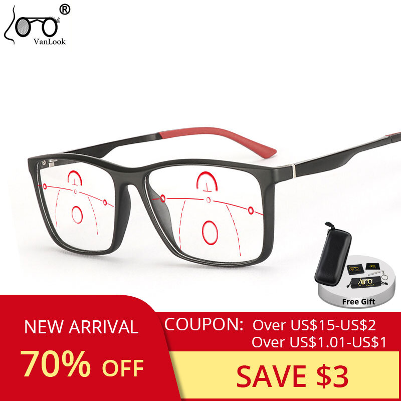 Progressive Multifocal Reading Glasses Anti Blue Light Men's For Women TR90 Aluminum Magnesium Sport Square Frame Eyewear UV400