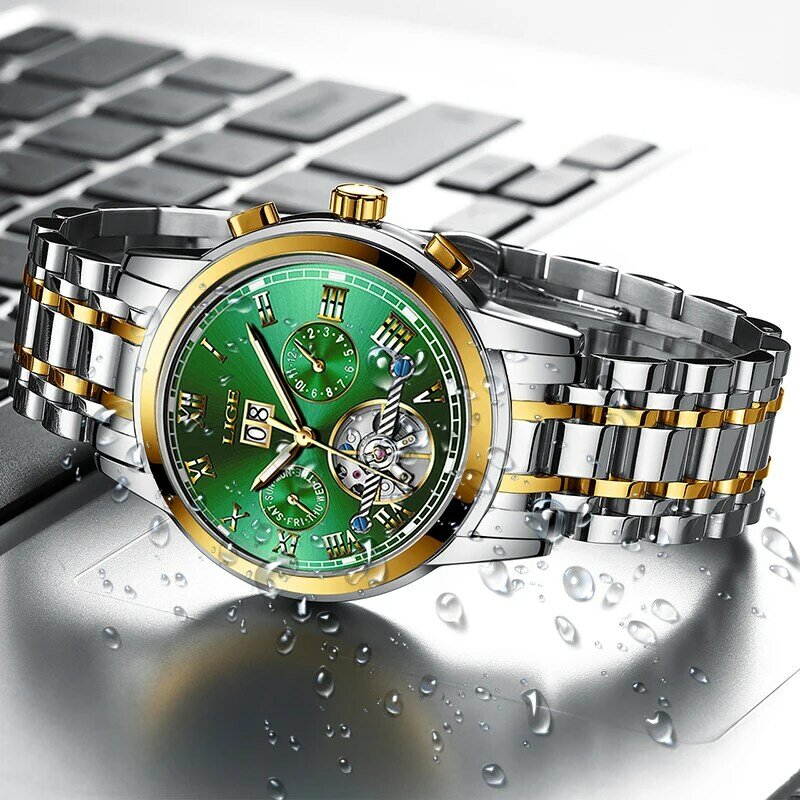 LIGE-Reloj de acero inoxidable para hombre, accesorio masculino de pulsera resistente al agua con mecanismo automático, complemento deportivo mecánico de negocios de marca lujosa y con diseño militar