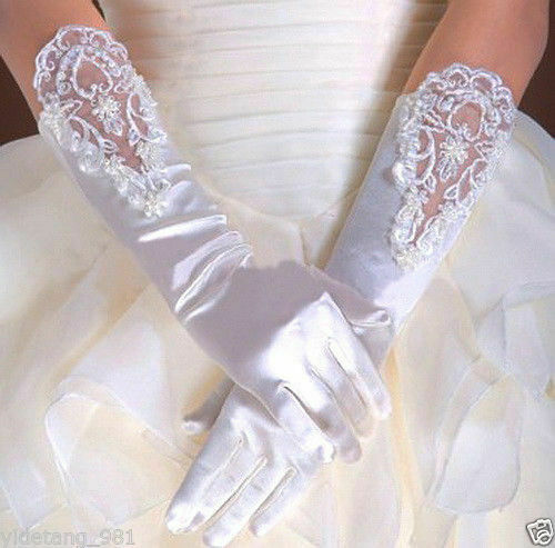 ถุงมือยาวผ้าซาตินสำหรับเด็กผู้หญิงชุดประกวดสวมใส่ในงานแต่งงานลายดอกไม้