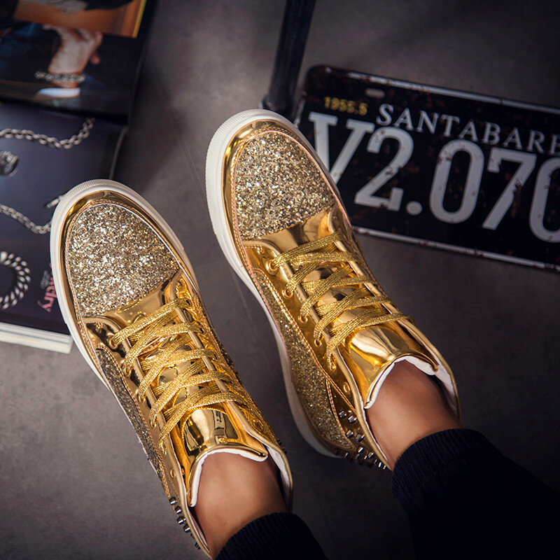 Stylish high-top brand design sneakers ladies vulcanized shoes air cushion lightweight breathable flat shoes sequin couple shoes