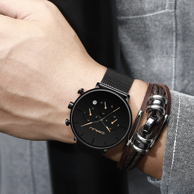 Crrju negócios preto relógio de quartzo masculino moda casual data cronógrafo aço relógios de pulso elegante vestido diário relógios dropship