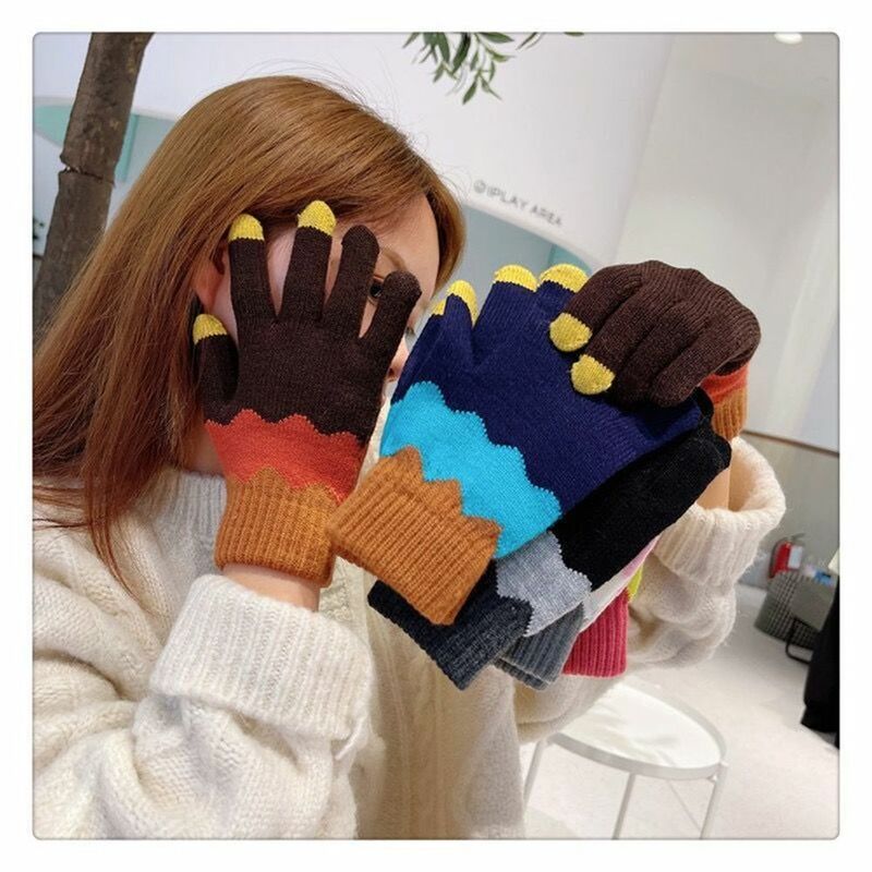 Knitted Fabric Riding Touch Screen Full Finger Cotton Mittens Cold Proof Winter Gloves
