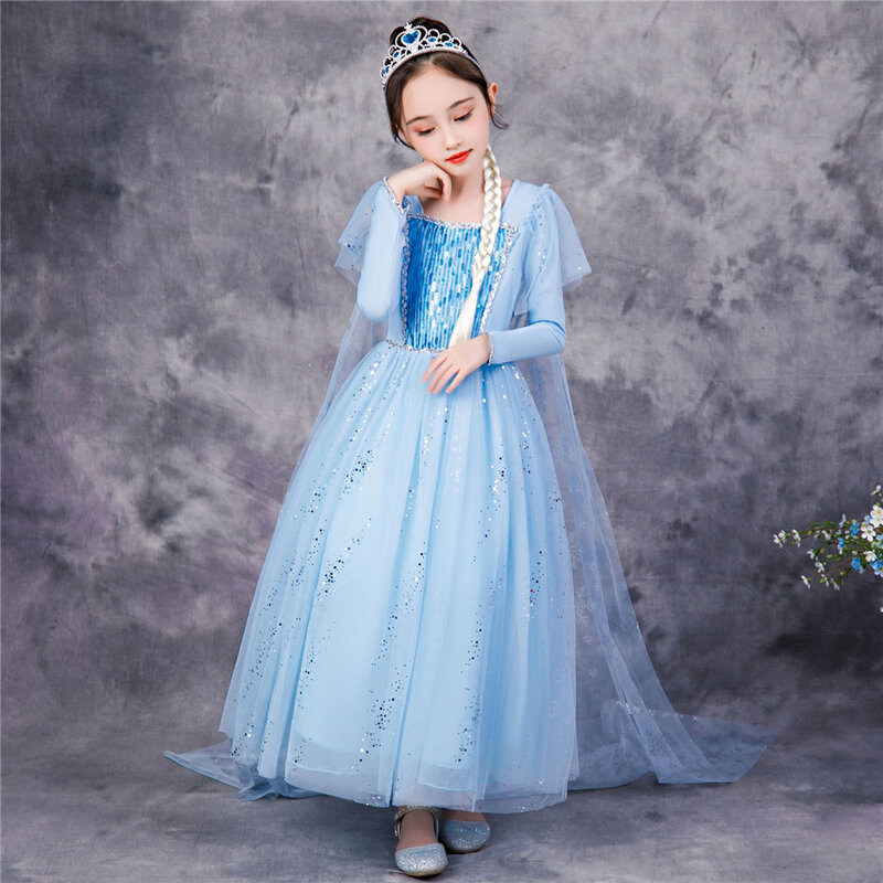 Платье Эльзы, снежинки, сказочный хвост, для девочек, Осень-зима, синее платье с рукавами-фонариками, рождественский костюм Снежной королевы, для Хэллоуина