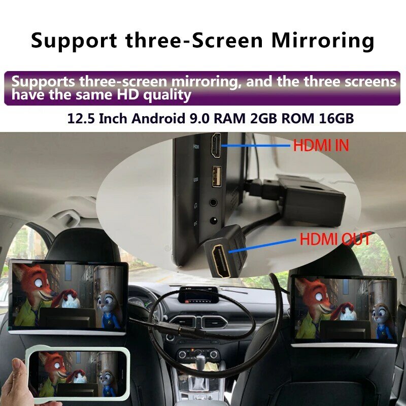 12.5 Polegada android 9.0 2gb + 16gb monitor de encosto de cabeça do carro mesma tela 4k 1080p mp5 wifi/bluetooth/usb/sd/hdmi/fm/espelho ligação/miracast