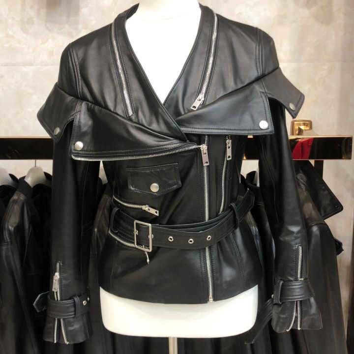 2023 chegada nova genuína jaqueta de couro feminino real pele carneiro motocicleta motociclista jaqueta feminina senhoras outono inverno casaco tamanho 3xl