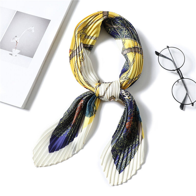 2022 New Crinkle Scarf Female Silk Hair Square  Small Pleated Bandana Neckwear Fashion Print Foulard Accessories