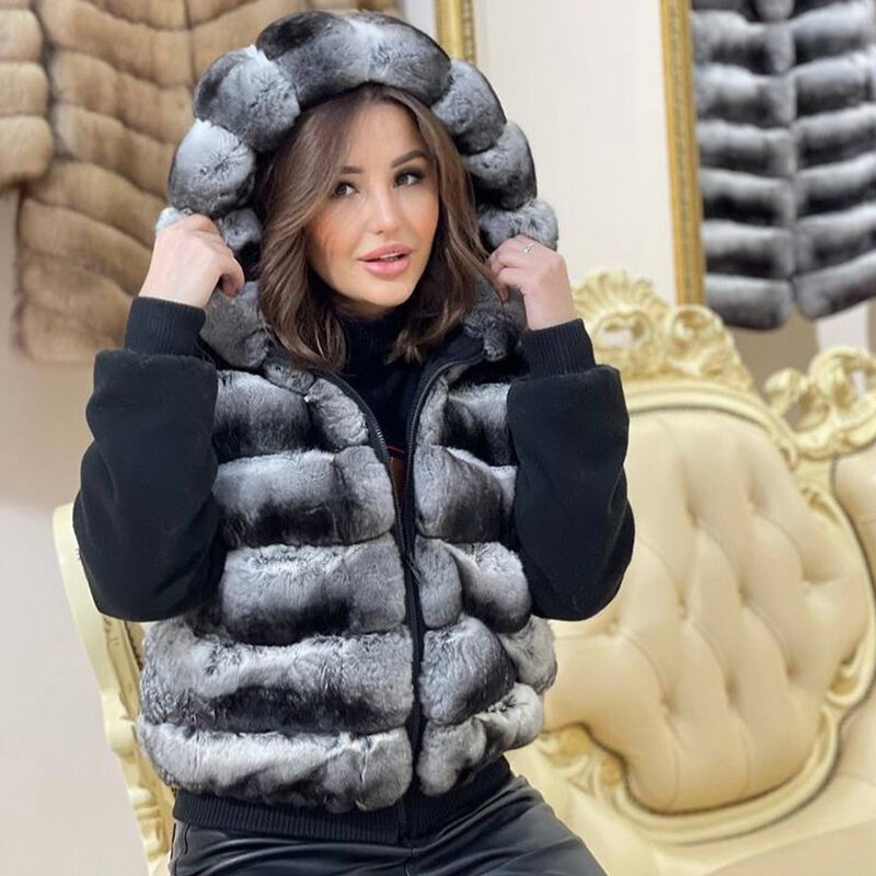 Real colete de pele feminina outono inverno com capuz gilet moda genuína rex coelho casaco de pele