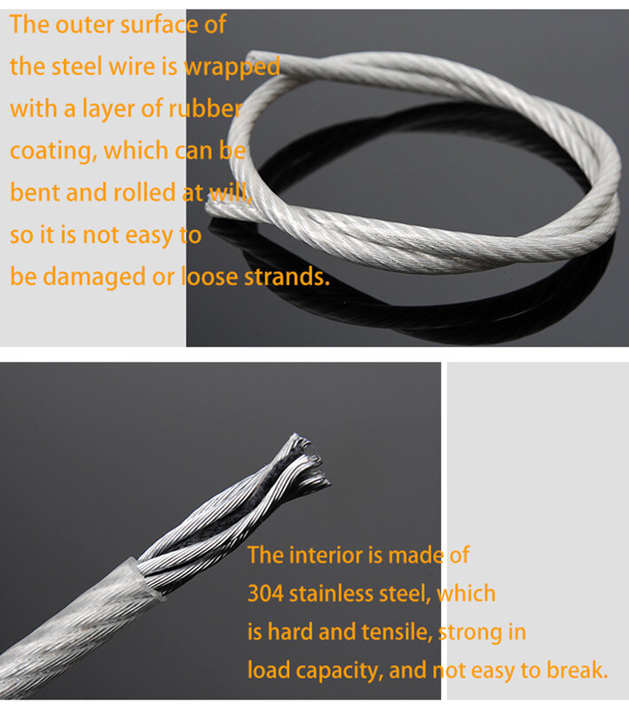 Cuerda de alambre de acero inoxidable 304, tendedero suave con revestimiento de 3mm, Cable de elevación 7x7, 50M