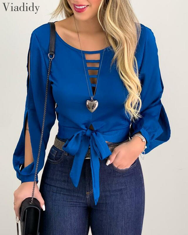 Women Solid Color Tie Front Top Long Sleeve Cut Out Hollow Out Blouse