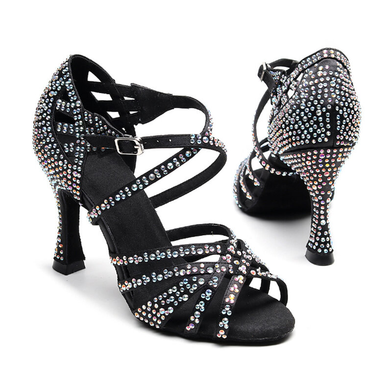 Chaussures de danse latine dames salsa tango baskets de danse filles sandales à talons hauts chaussures de danse carrées d'été strass en satin noir marron Livraison gratuite