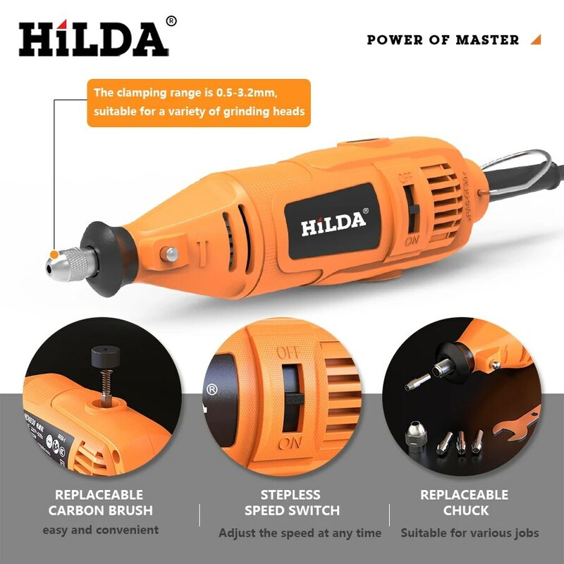 HILDA-전기 미니 드릴, 그라인더 조각 펜 미니 드릴 전기 로타리 공구 그라인딩 머신 액세서리