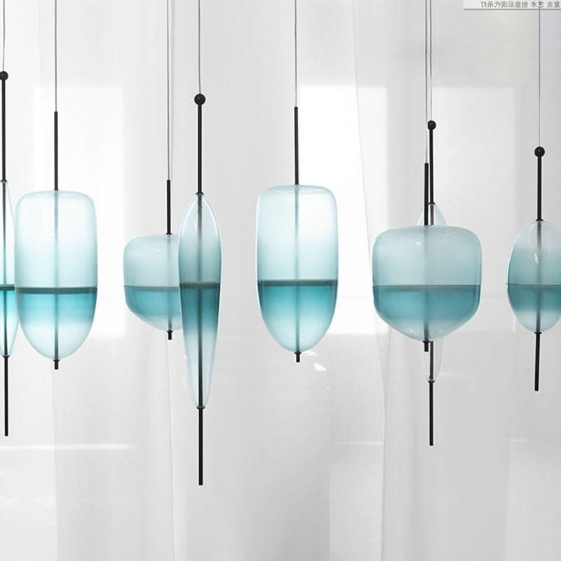 Nordic modern teardrop-shaped blue glass pendant light LED art deco simple white hanging lamp for living room restaurant kitchen