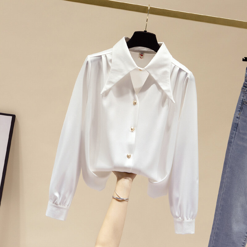 Женская шифоновая блузка на пуговицах, однотонная блузка с V-образным вырезом, отложным воротником и пышными рукавами, кардиган с украшением, весна 2021