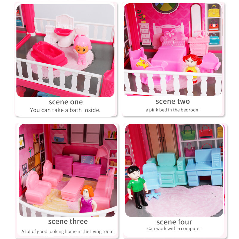아기 DIY 인형 집 장난감 핑크 조립 공주 빌라 수제 건설 카사 미니어처 가구 인형 집 어린이 선물