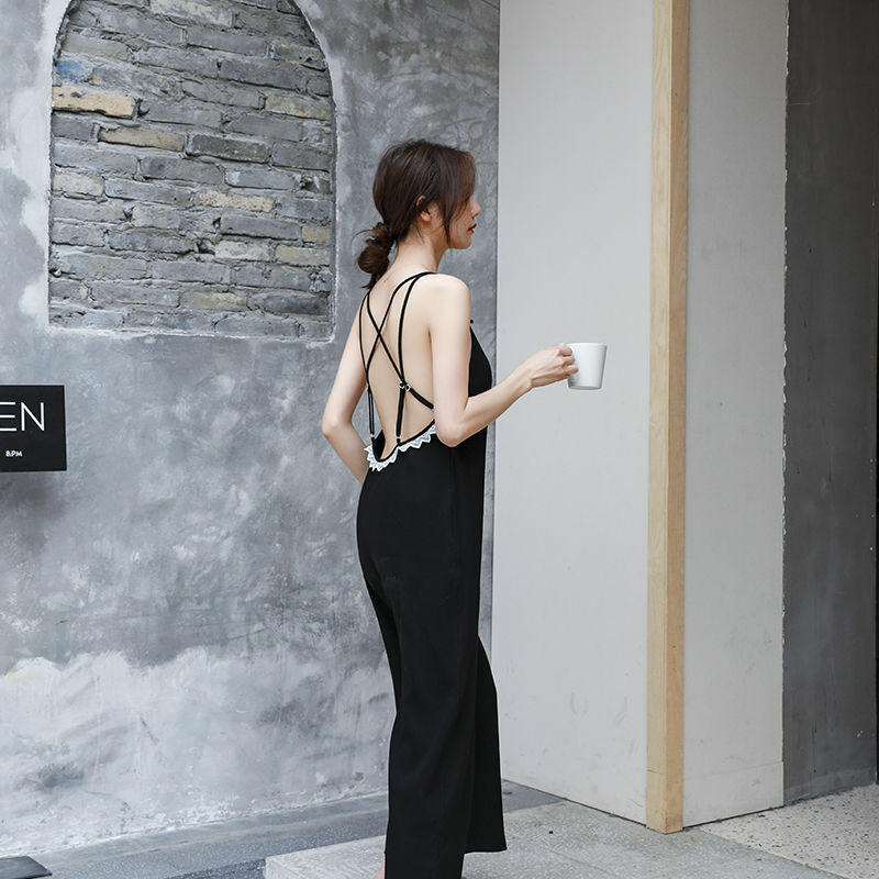 Seksowny kombinezon na ramiączka piżama dla kobiet solidna czarna Backless bielizna nocna bielizna nocna wiosna lato modalne Loungewear ubrania domowe