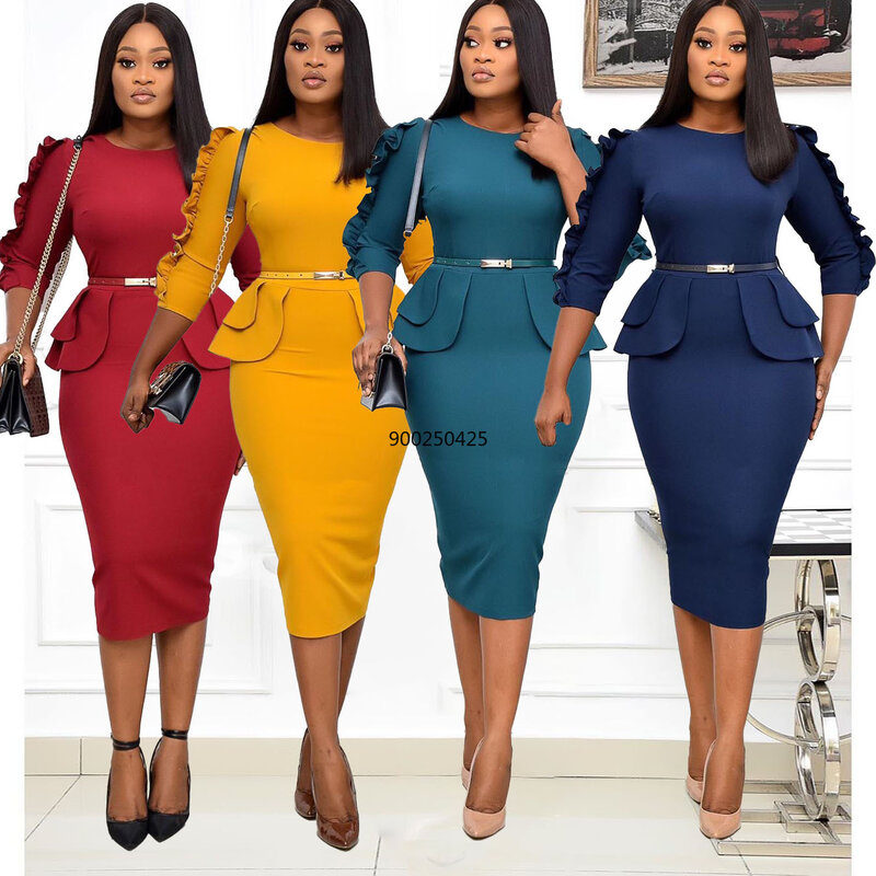 Plus Size Autumn New Solid Round Neck Fashionable Temperament Commuting High Waisted Mid Length Slim Fit Splicing Pencil Dress