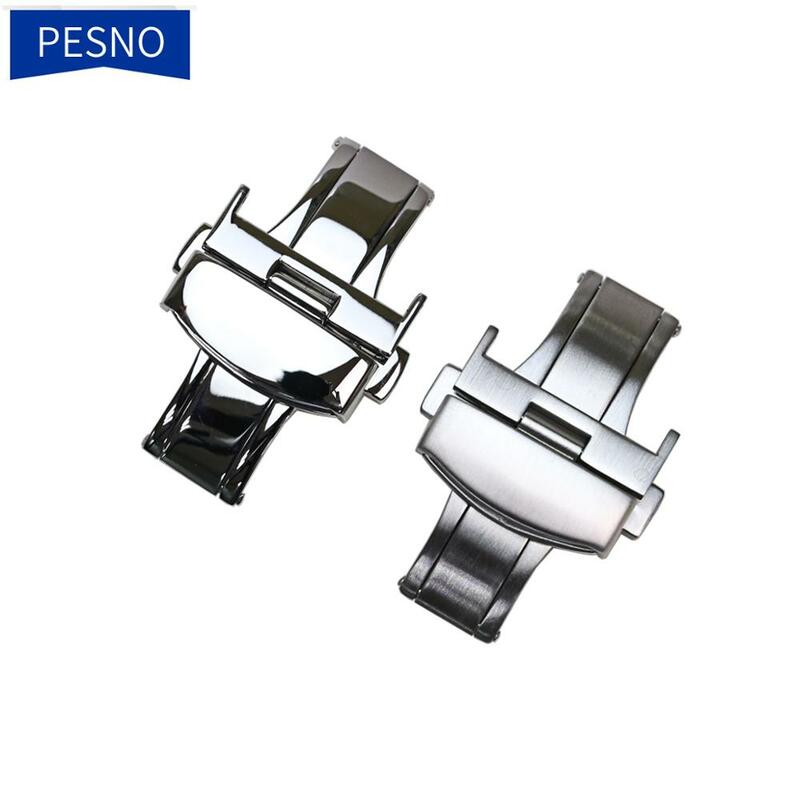 PESNO Durable Polished Brushed Silver Stainless Steel Watch Band Deployment Clasp 14mm16mm19mm20mm Butterfly Buckle