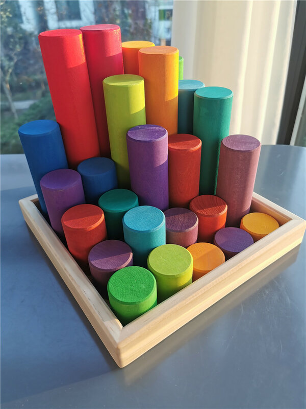 25Pcs Kids Grote Houten Building Rollen Regenboog Blokken Stain Basswood Stapelen Cilinders Educatief Creatief Speelgoed
