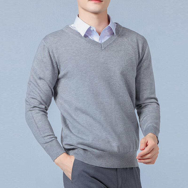 Джемпер мужской шерстяной, вязаный пуловер с V-образным вырезом и длинным рукавом, однотонный, стандартная одежда