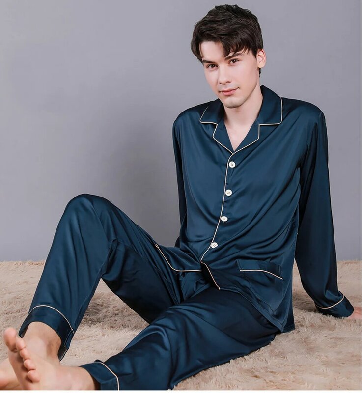 Pijama de seda de hielo para hombre, ropa de dormir fina y transpirable, conjuntos de Pijama de seda de Color sólido Noble, cómodo, informal, de verano