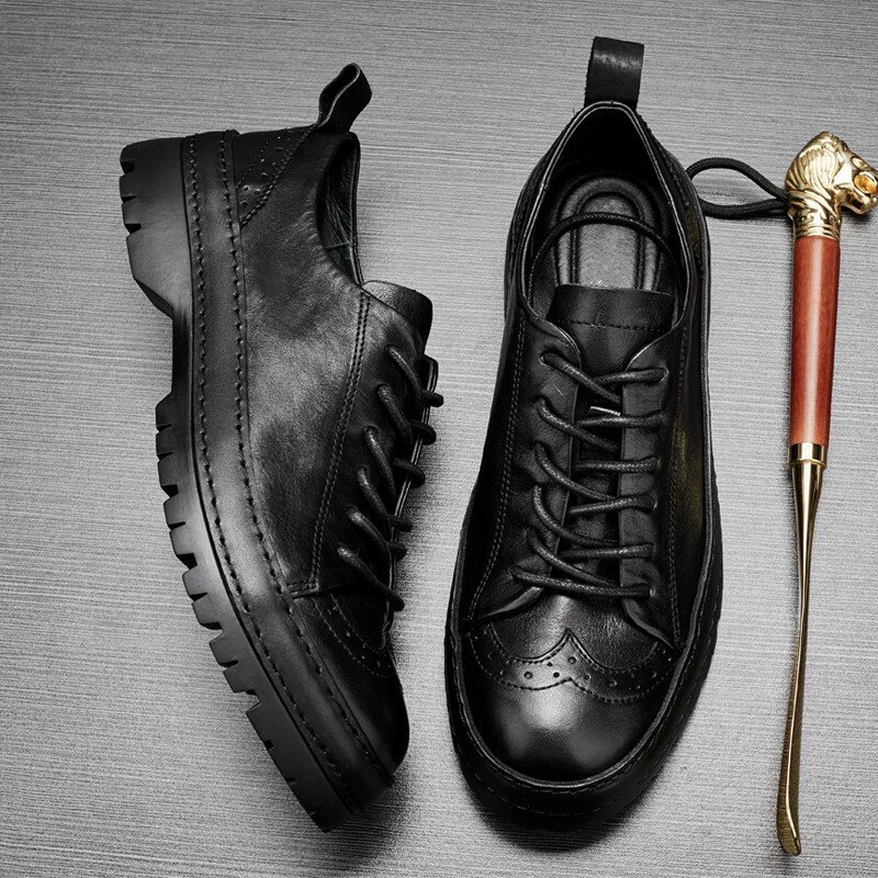 Homens negócios casual brogue 100% couro genuíno rendas até plataforma outono vintage esculpida oxfords marca sapatos de luxo