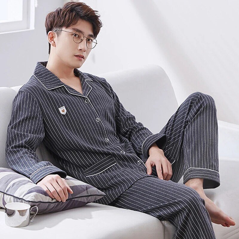 Men Sleepwear Pajamas Set for Men Casual Home Clothe Autumn Winter Nightwear Suit Full Sleeve Long Pants Striped Pyjamas Set