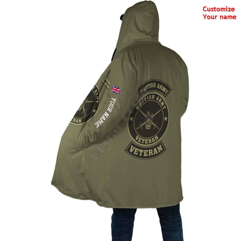 Veterano do exército Nome Personalizado 3D Todo Impresso Capa Hoodie para Homens Mulheres Inverno Fleece Wind Breaker Capa Capuz Quente
