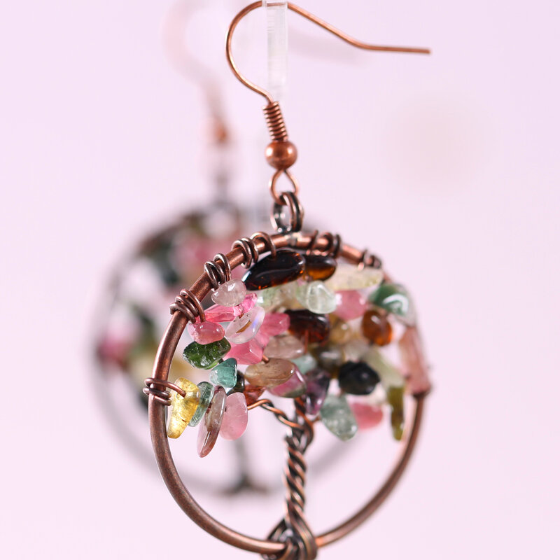 여성용 천연석 핑크 로도나이트, 생명의 나무, 댕글 귀걸이, 1 쌍
