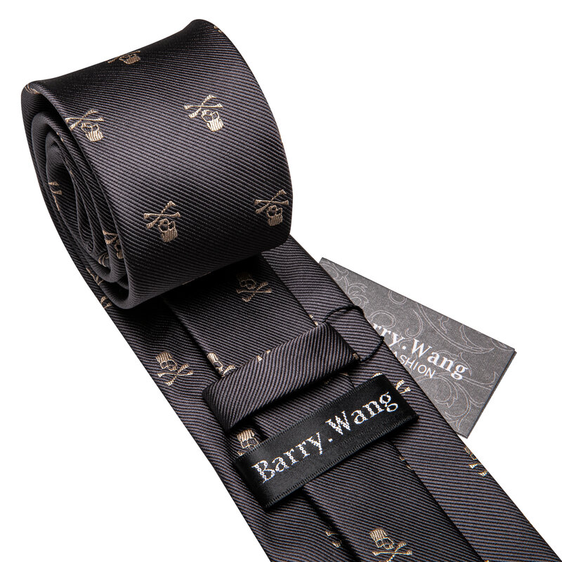 Barry.Wang Fashion Designer Brown Skull Men Tie 8.5cm Silk Tie fazzoletto Set regalo per uomo Wedding Groom Business Necktie