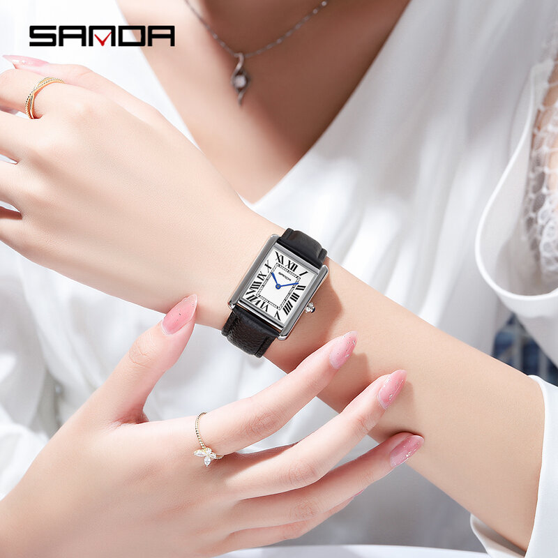 Женские прямоугольные наручные часы Sanda, серебристые кварцевые часы с кожаным ремешком, 1108