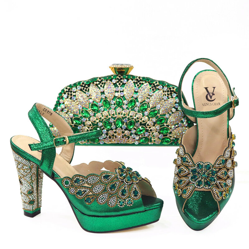Zapatos de diseño verde con estampado, conjunto de bolso de noche, sandalia con bolso de mano, altura de tacón de 2020 CM, gran oferta, novedad de 10,5
