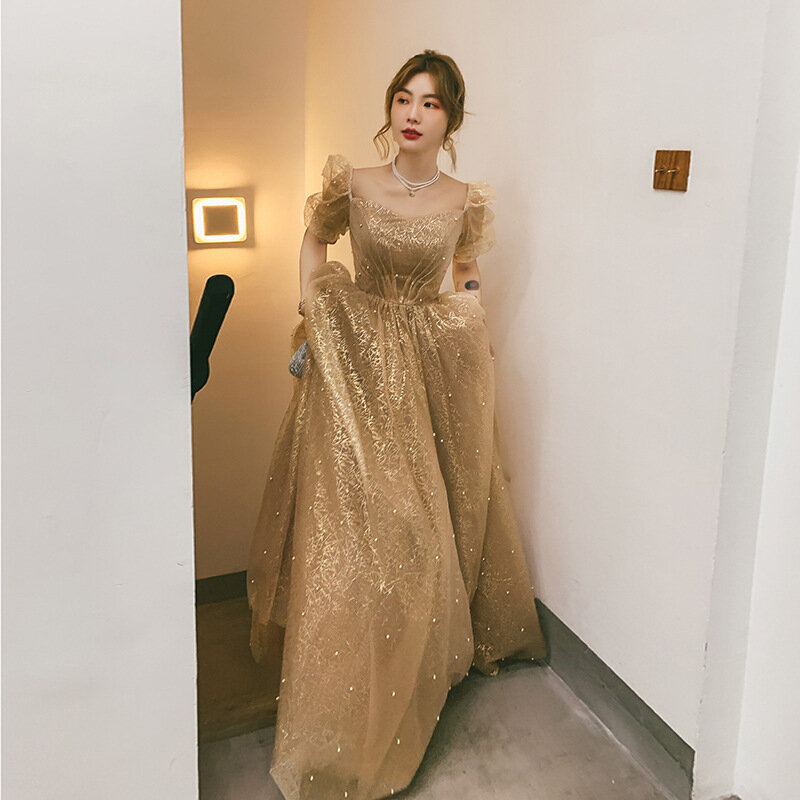 Women's Banquet Gowns Puff Sleeve A-Line Elegant Celebrity Dresses Lace-Up Pearls Embroidery Appliques Graceful Pageant Dress