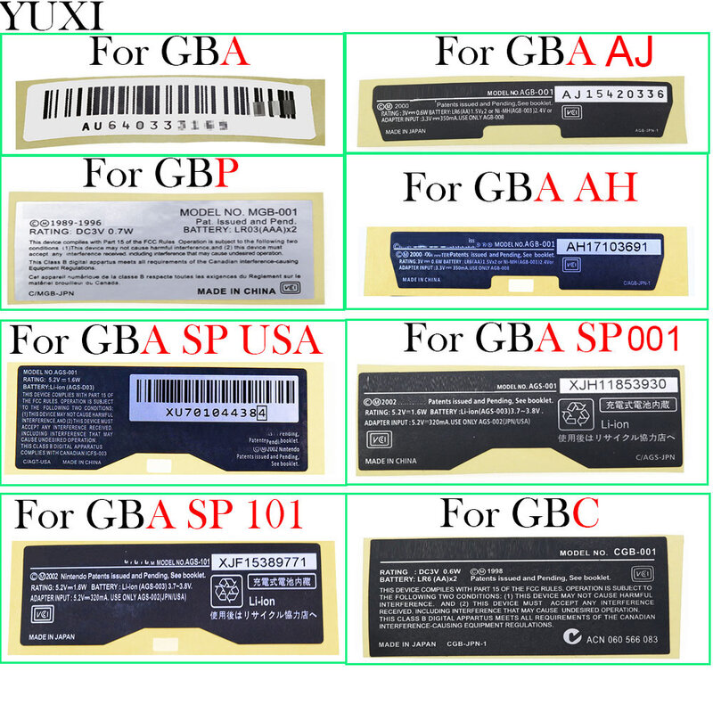 YUXI Für Game Boy Tasche Ersatz MGB-001 Modell Informationen Aufkleber Für GBP GBC GBA/AH GBA SP/USA/101 Label Japan