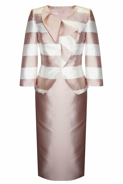 Veste bicolore à rayures roses et blanches avec fermeture à volants d'origine, robe à encolure en V, coupe tubée jusqu'au genou.