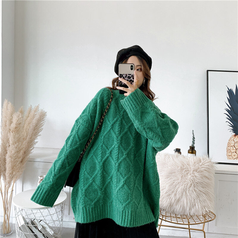 [EAM] 오렌지 빅 사이즈 뜨개질 스웨터 느슨한 맞는 라운드 넥 긴 소매 여성 풀오버 새로운 패션 가을 겨울 2021 1DA699