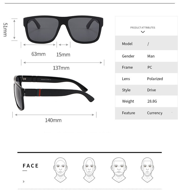 Kacamata hitam terpolarisasi kotak Pria Wanita, kacamata hitam plastik Vintage bergaya olahraga warna hitam UV400
