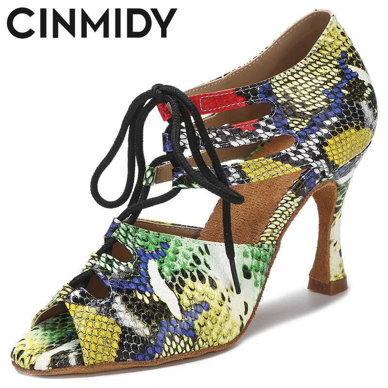 CINMIDY-zapatos de baile latino para mujer, sandalias sexys de Tango con textura de serpiente de 5CM-10CM para baile de salón y Rumba Samba