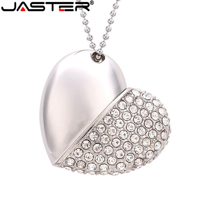 JASTER — Clé USB pendentif en forme de coeur, carcasse métallique avec pierre précieuse de cristal, style diamant, capacité 16/32/64 Go