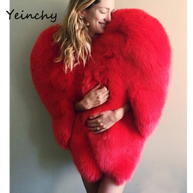 Yeinchy damska modna kurtka damska faux futro jesienno-zimowa kurtka w stylu dużego czerwonego serca FM6291