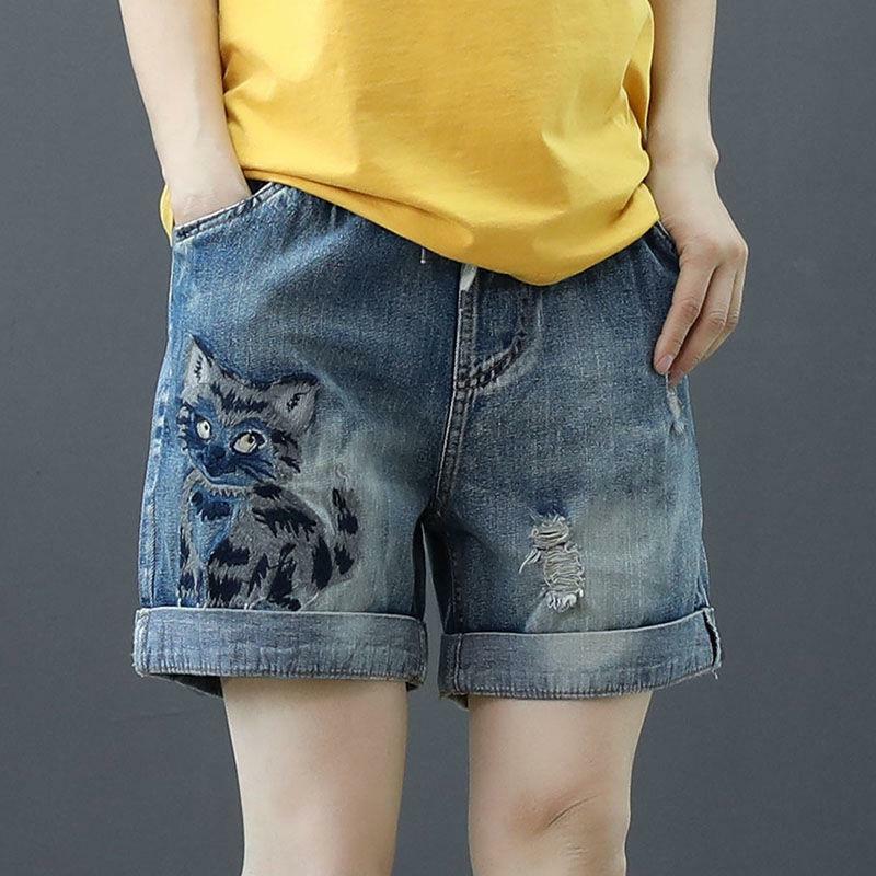 Pantalones cortos de mezclilla rasgados con cintura elástica para mujer, pantalón corto de cintura alta holgado, informal, Vintage, bordado, novedad de verano