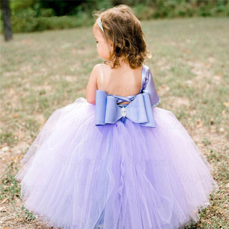 Vestido de fiesta con purpurina para niña, vestido de princesa de un hombro hinchado, vestido de cumpleaños con lazo alino, sin espalda