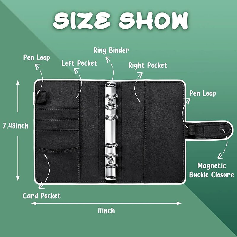 A6 PU Leather Binder Budget Cash Envelope Organizer Personal Wallet ,12 Binder Pockets Zipper Folders for Planner Saving Money