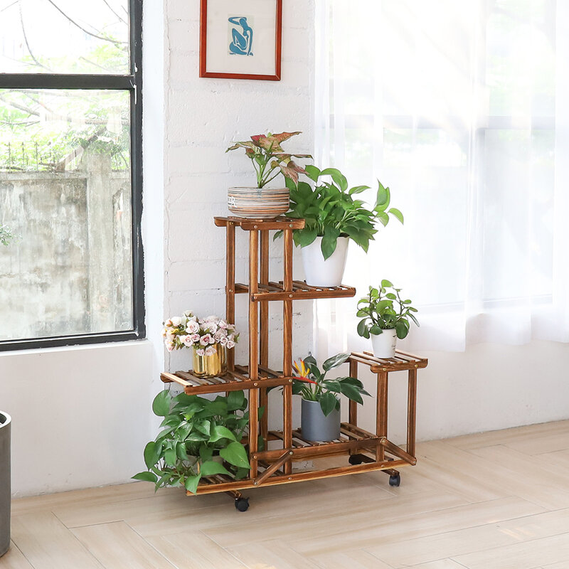 UNHO Wooden Plant Stand with Wheels Multi-Layer Rolling Plant Flower Display Shelf Indoor Movable Storage Rack Holder Outdoor fo